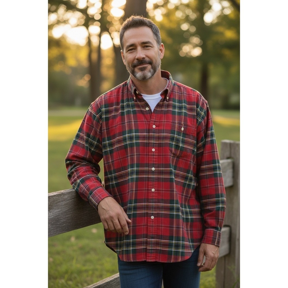 Ralph Lauren Mens XL Red Tartan Plaid Button Down Shirt 100% Cotton Long Sleeve